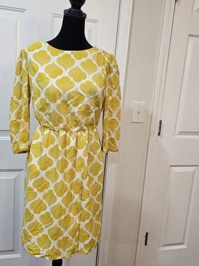 Boden Yellow and White Printed Midi Dress with Tie Waist Size 2 Petite{Bx10}